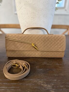 Khaki Suede Woven Top Handle Bag
